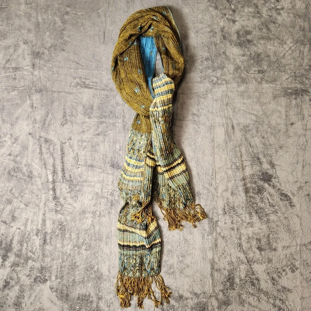 Vtg Y2K Pashmina Silk Scarf Crinkle Fringe Wrap Shawl Olive Gold Turquoise boho